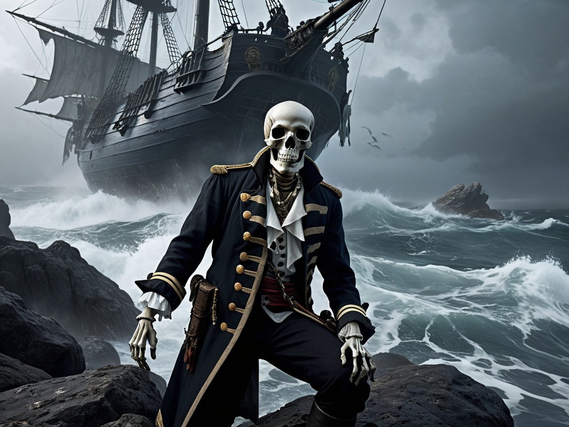 Skeleton Pirate on Rocky Shores with Stormy Ship