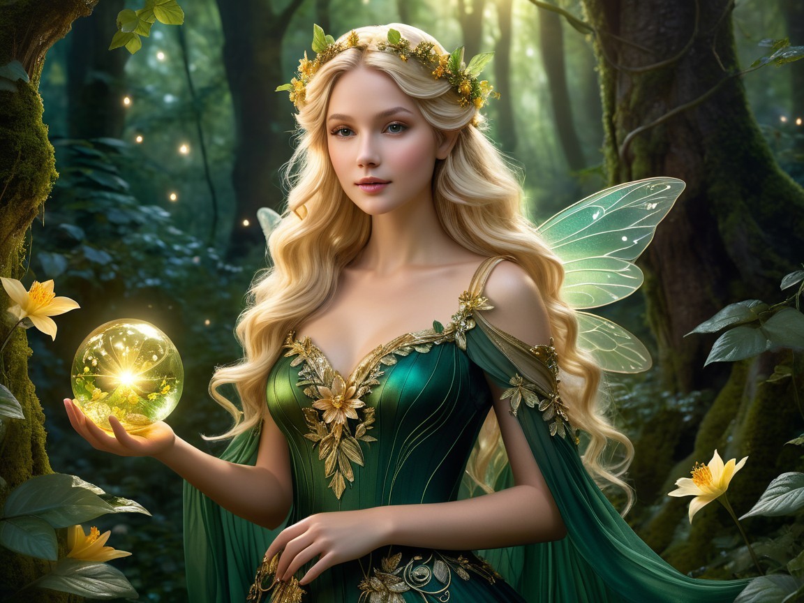 Mystical fairy in enchanting forest with glowing orb