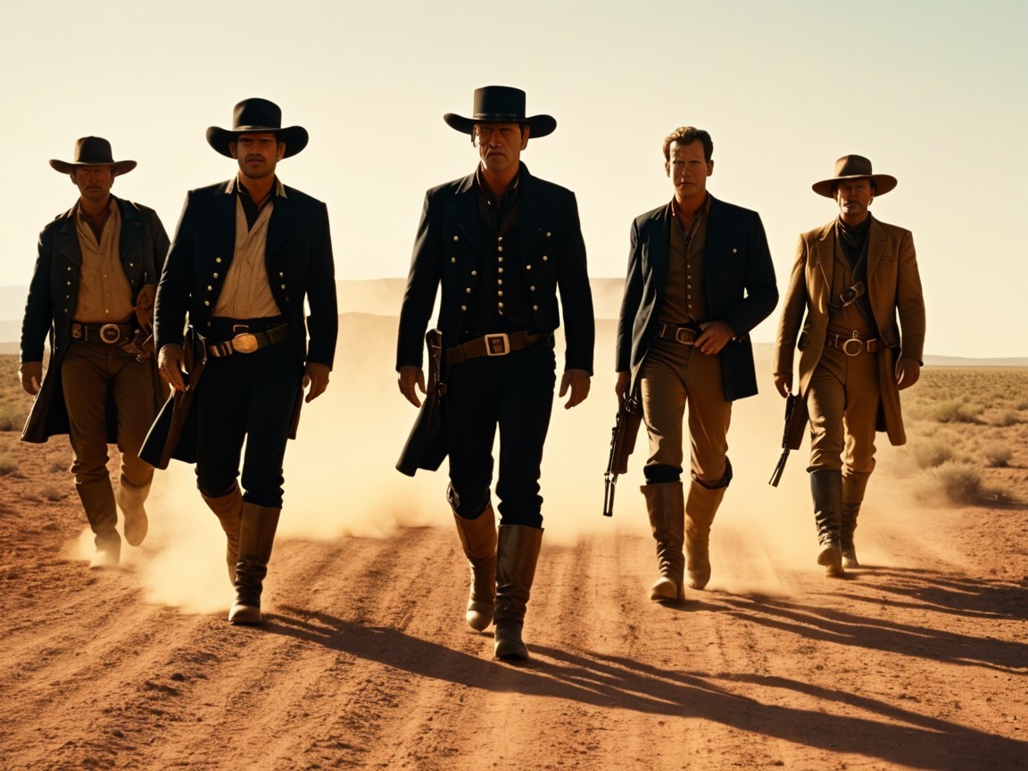 Cowboys in Vintage Attire Walking in Desert Landscape