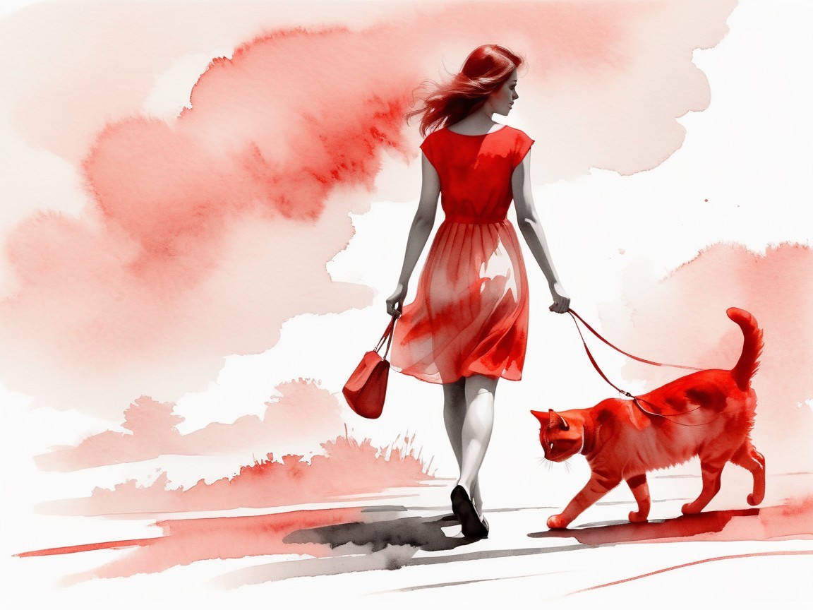 Woman in Red Dress Walking Ginger Cat on Leash