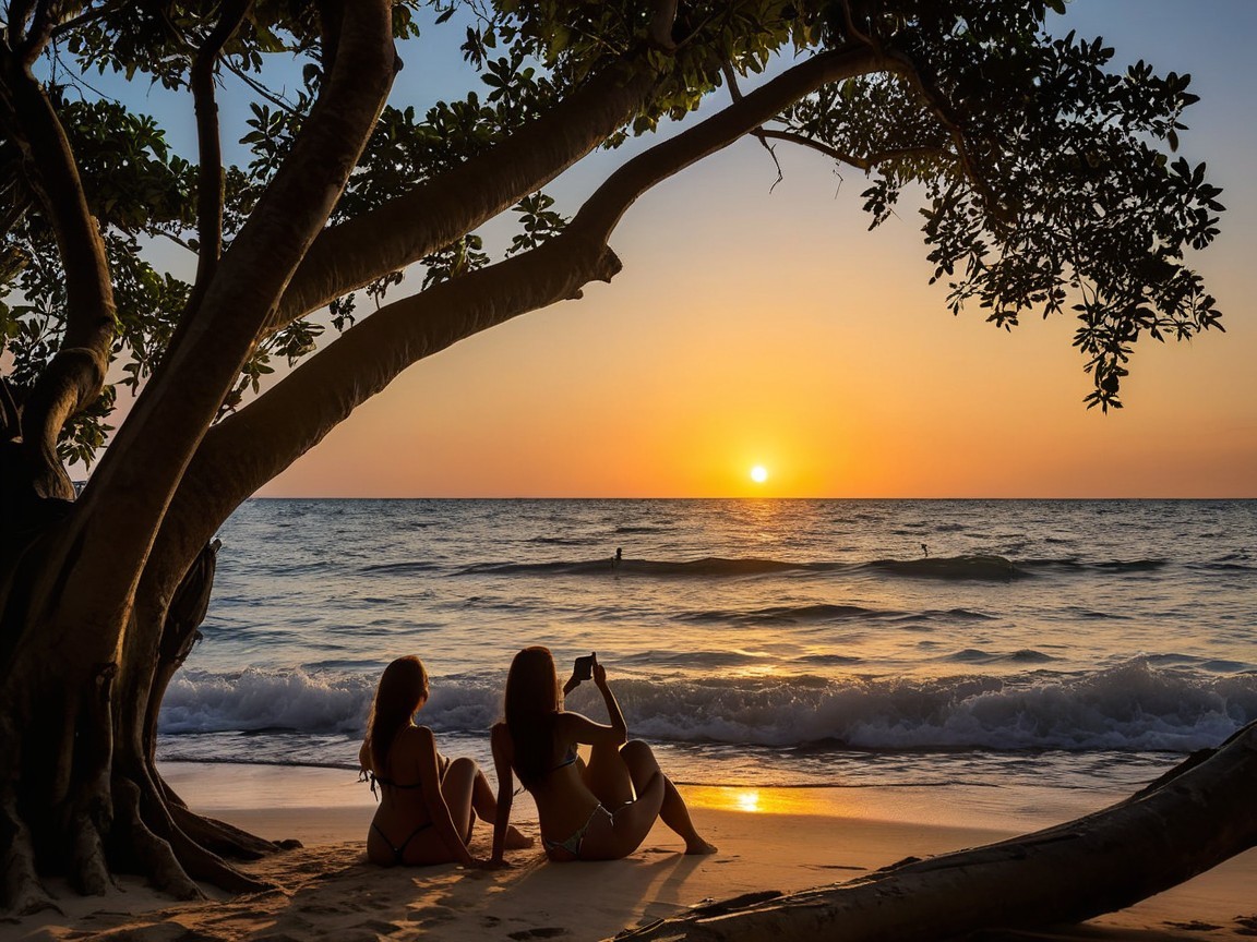 Women on Beach at Sunset with Ocean Waves