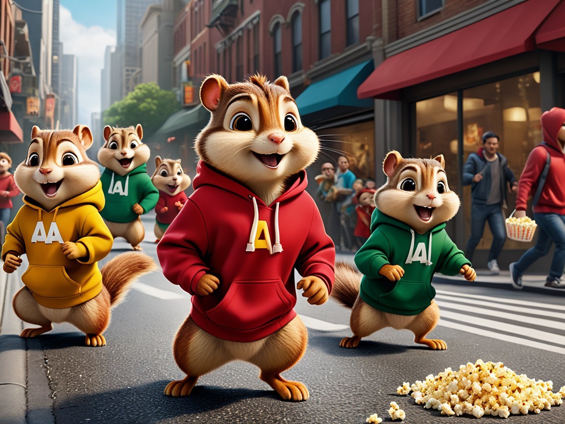 Animated squirrels in hoodies on a busy city street