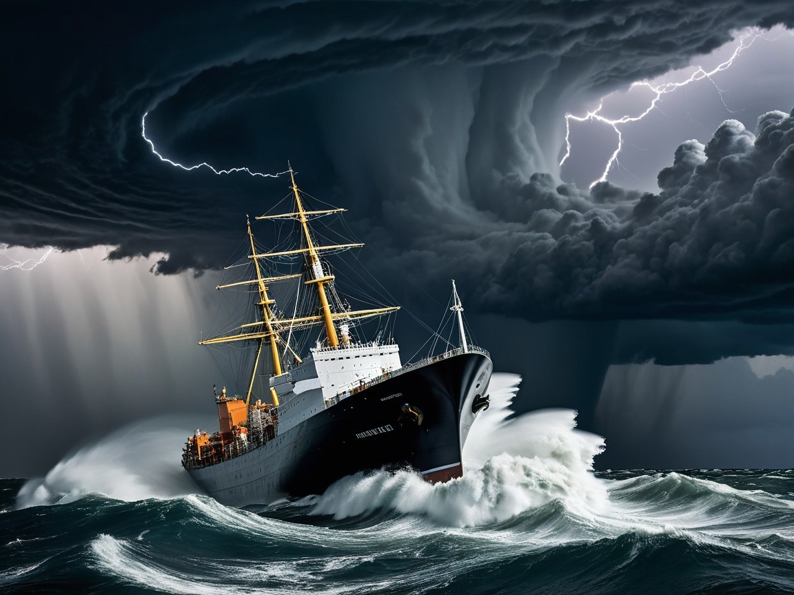 Ship Navigating Stormy Seas with Towering Waves