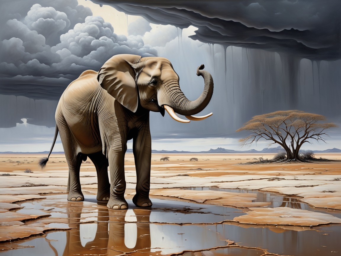 Elephant in Dramatic Landscape with Rain and Clouds