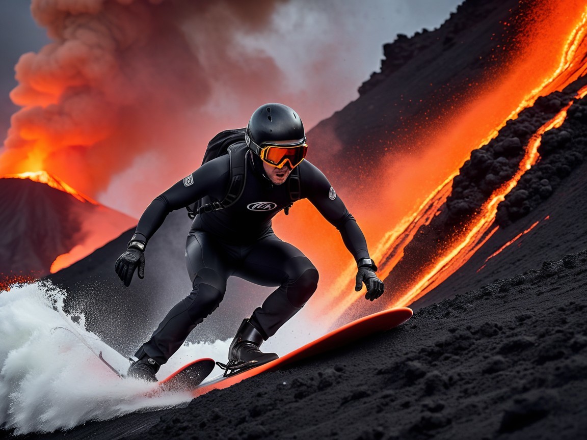 Surfer Navigating Volcanic Slope with Flowing Lava