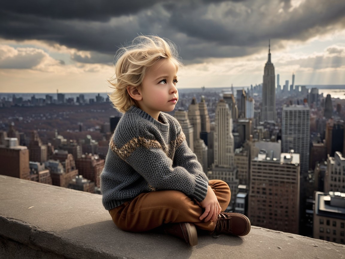 Child on Ledge Overlooking Cityscape with Clouds
