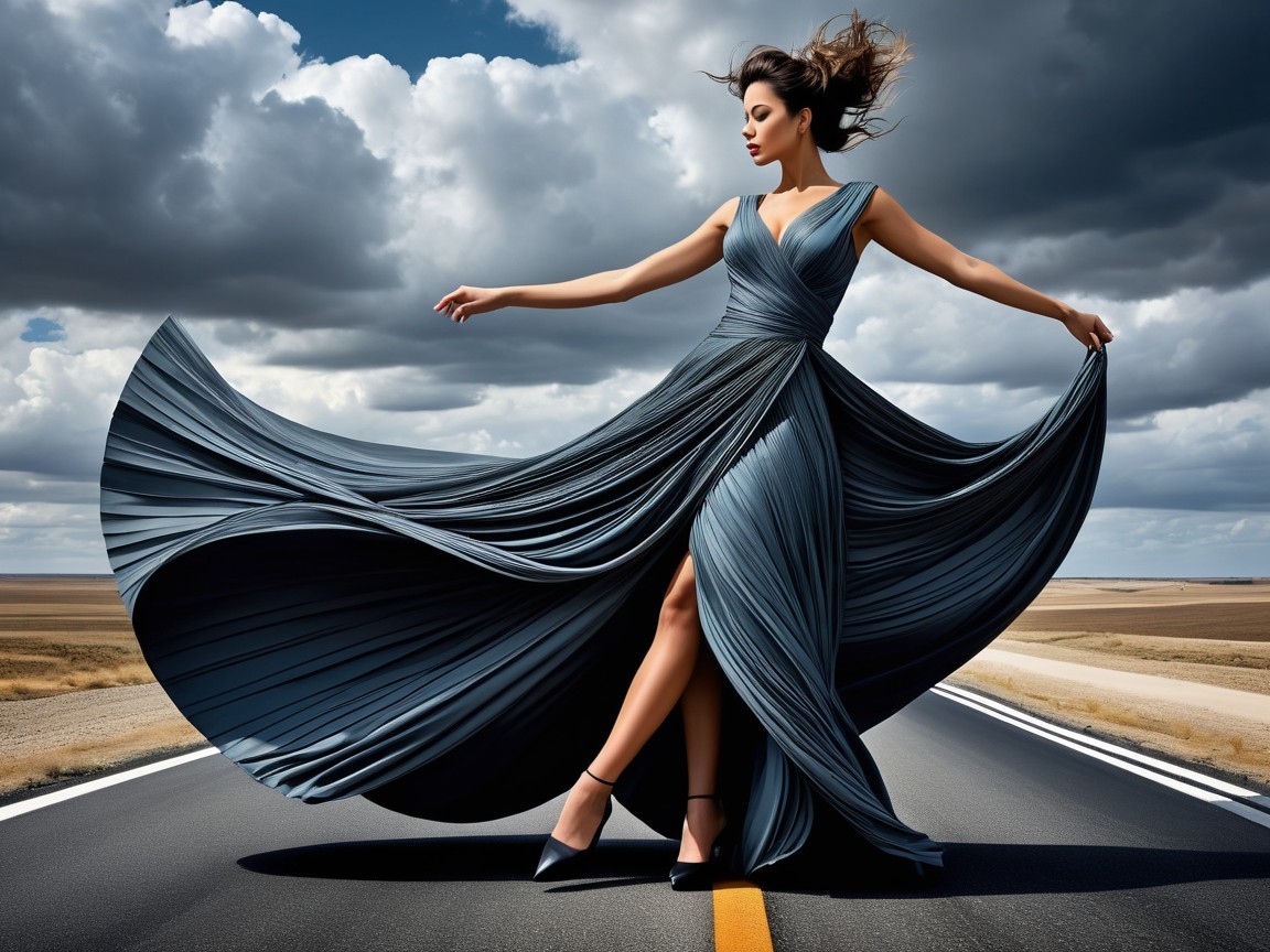 Model in Flowing Blue Dress on Empty Road with Clouds