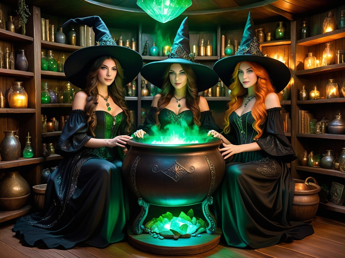 Witches in a Dim Room with a Glowing Cauldron