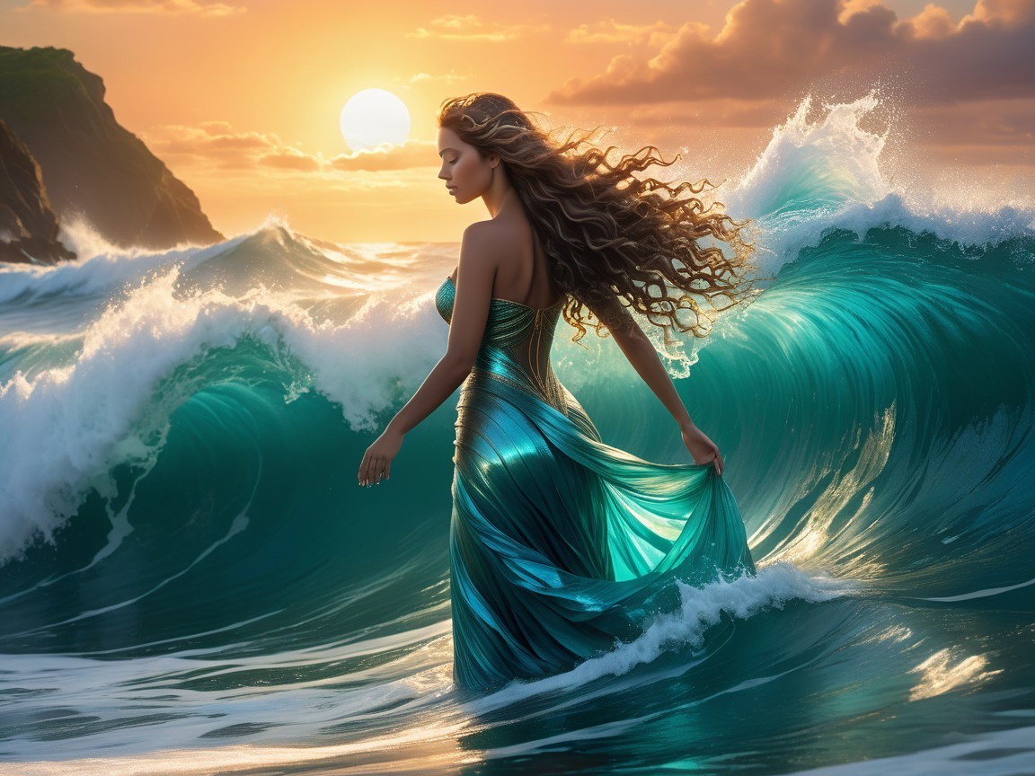 Woman in Teal Dress Amidst Ocean Waves at Sunset