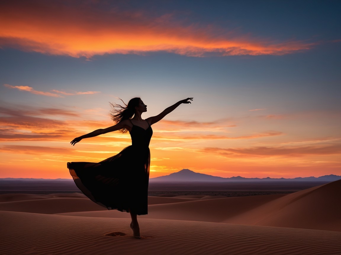 Woman Dancing on Sandy Dune at Sunset