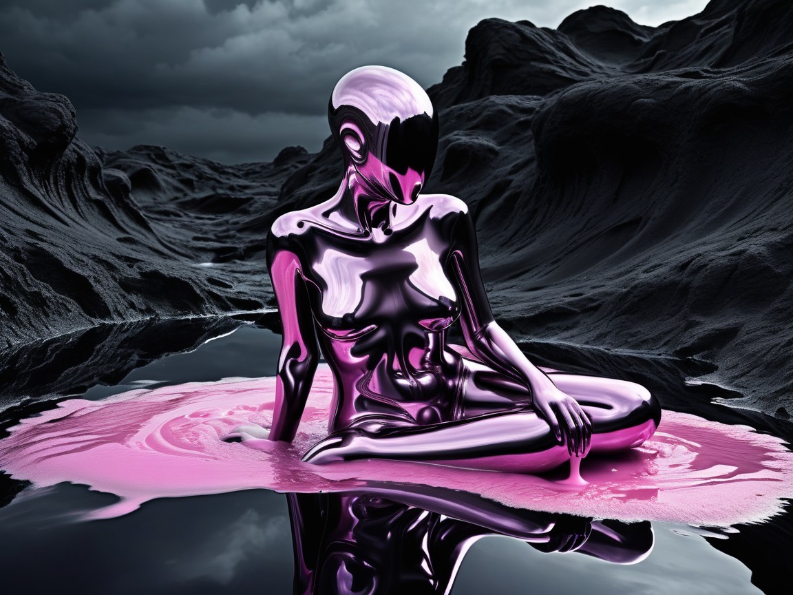Metallic Figure on Vibrant Pink Surface with Dark Landscape