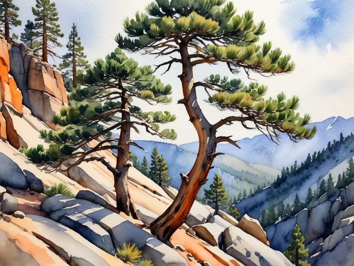 Serene Landscape with Twisted Pine Trees and Mountains