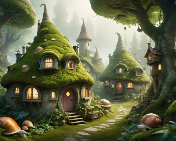 Whimsical Moss-Covered Houses in a Lush Garden