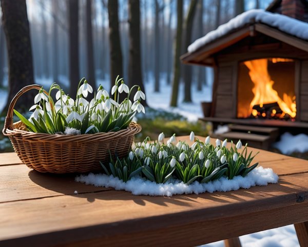 Close-up of a brown basket with snowdrop flowers