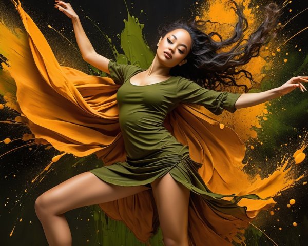 Dancer in Olive Dress Against Vibrant Orange and Green