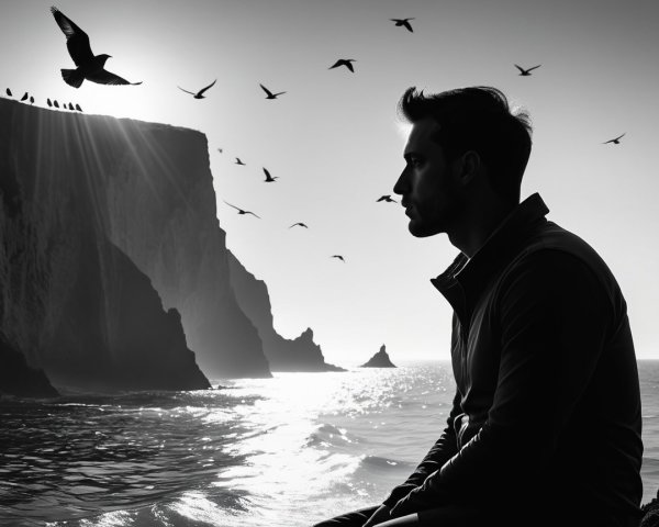 Silhouette of a Man by the Ocean at Sunset