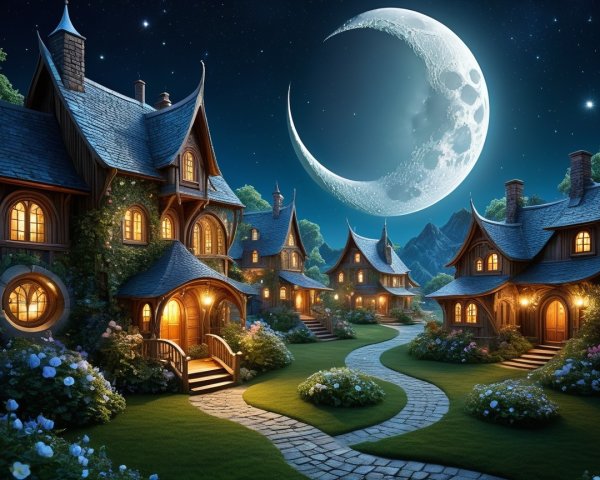 Whimsical Cottages Under a Crescent Moon at Night
