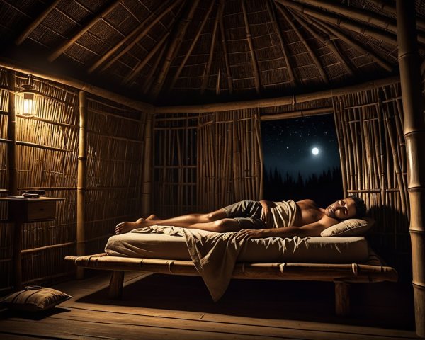 Serene Rustic Interior with Man Sleeping in Hut