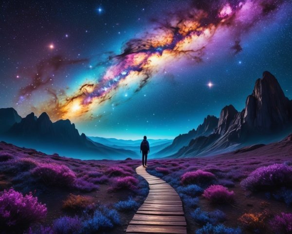 Traveler on Wooden Path Surrounded by Purple Flowers