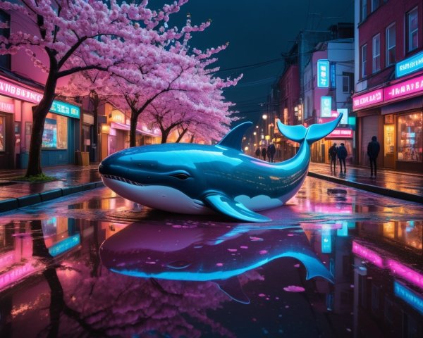 Vibrant Night Street Scene with Blue Whale and Cherry Blossoms