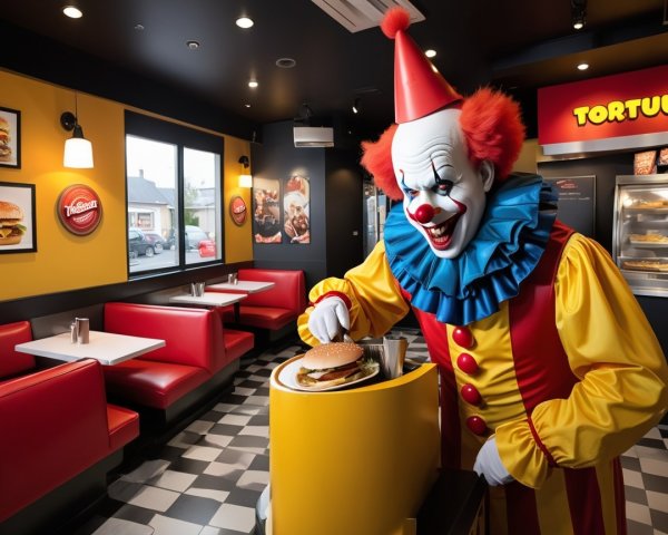 Clown Preparing Burger in Themed Restaurant Setting