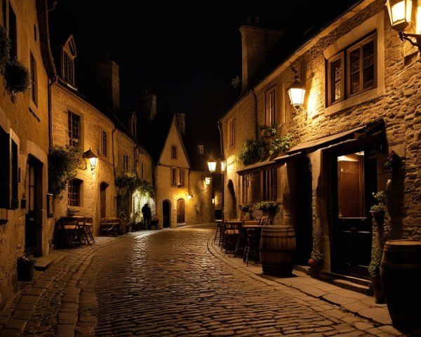 Charming Cobblestone Street with Lanterns and Rustic Buildings