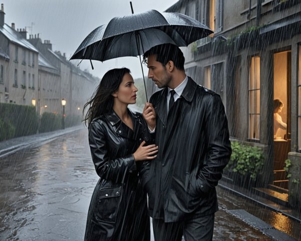 Couple Under Black Umbrella on Rainy Street