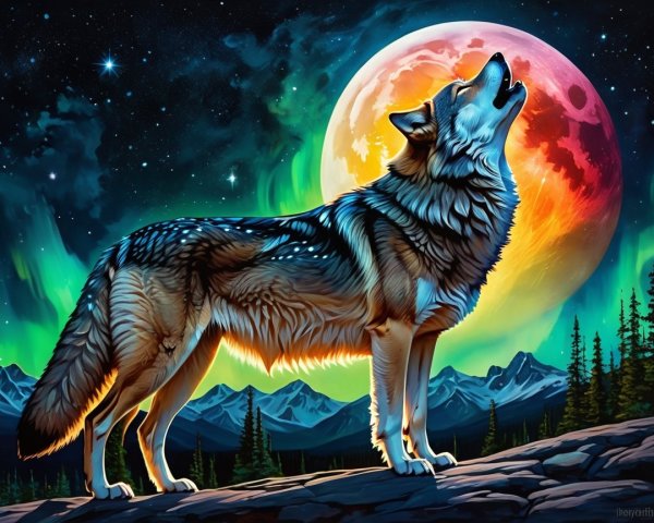 Wolf Howling at Vibrant Moon in Enchanting Wilderness