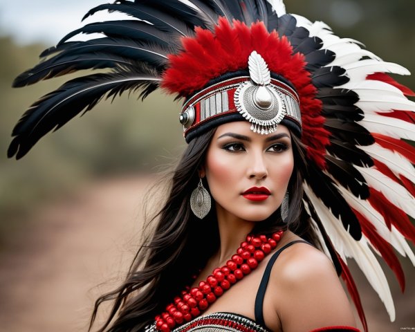Vibrant Traditional Attire with Feathered Headdress