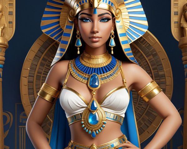 Egyptian Queen with Golden Jewelry and Blue Outfit