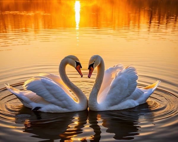 Elegant swans on a calm lake at sunset