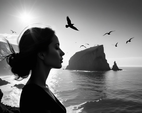 Silhouette of Woman Against Dramatic Coastline Scene