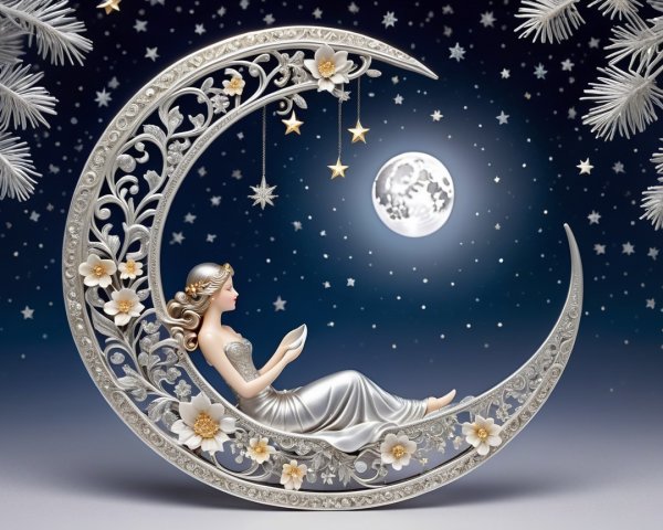 Elegant Figure on Crescent Moon in Night Sky Scene