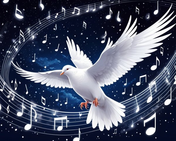 White Dove in Starry Sky with Musical Notes
