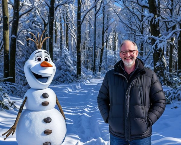 Snowman and Man in a Winter Landscape Scene