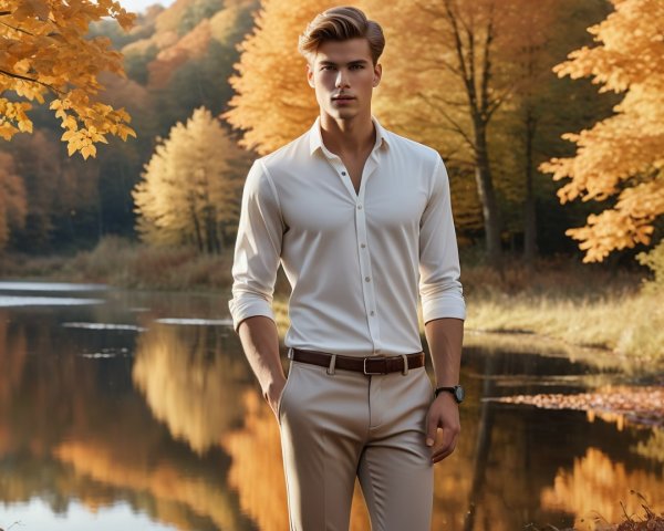 Stylish Young Man by Serene Lake in Autumn Foliage