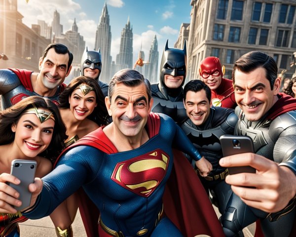 Superheroes in Iconic Costumes Pose in Cityscape Selfie