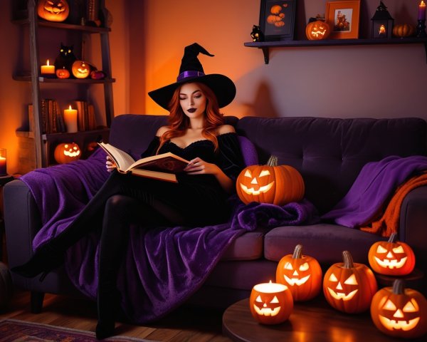 Woman in Witch Costume Reading on Couch with Candles