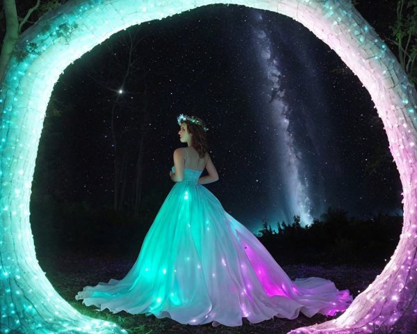 Young woman in ethereal gown under glowing lights