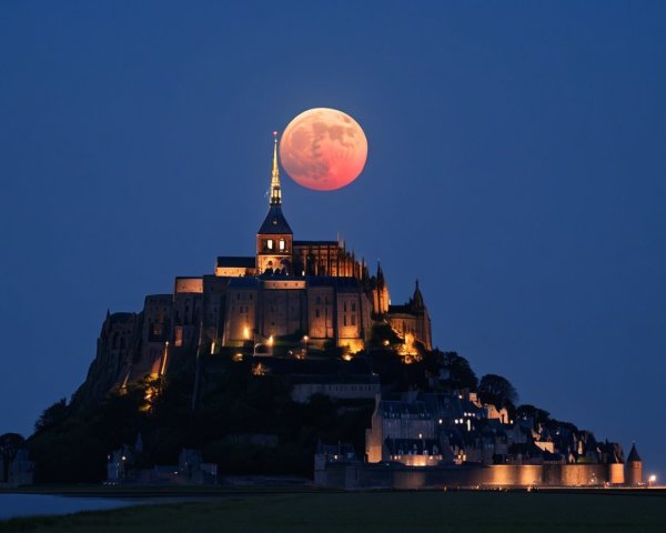 Medieval Abbey on Rocky Island Under Full Moon Glow