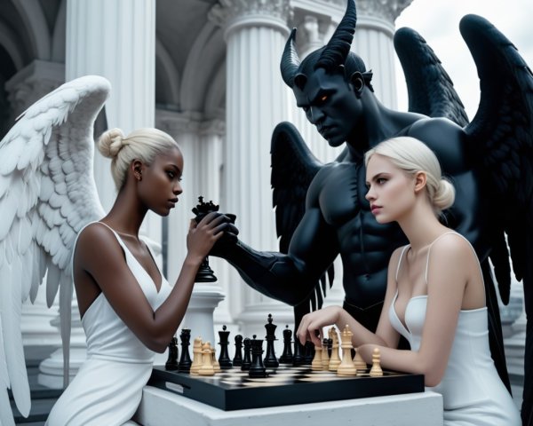 Mythological Chess Match Between Angel and Devil Figures