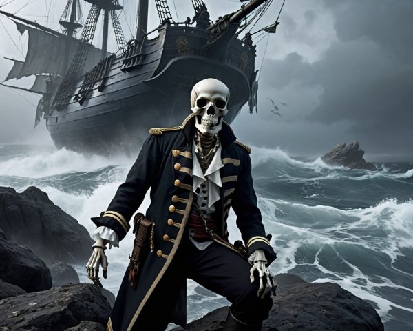 Skeleton Pirate on Rocky Shores with Stormy Ship