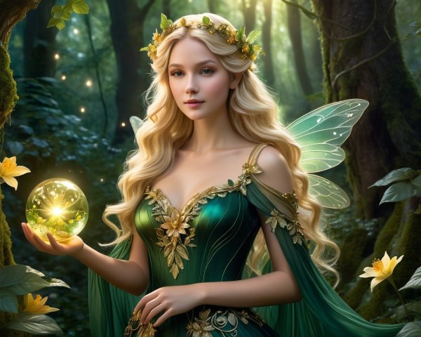 Mystical fairy in enchanting forest with glowing orb
