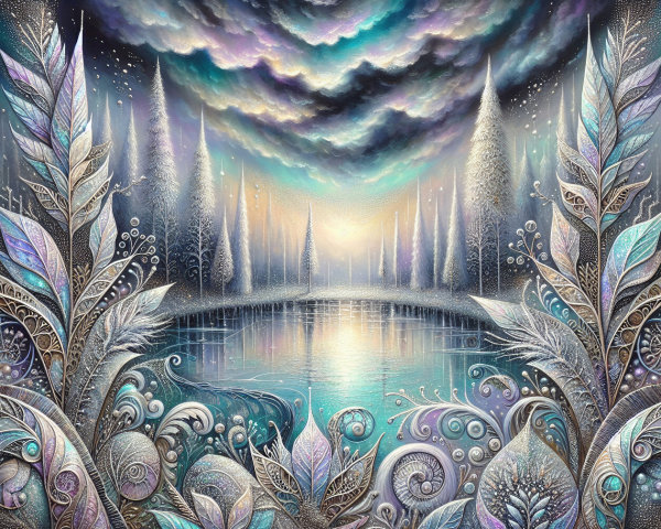 Serene Winter Landscape with Floral Foreground Elements