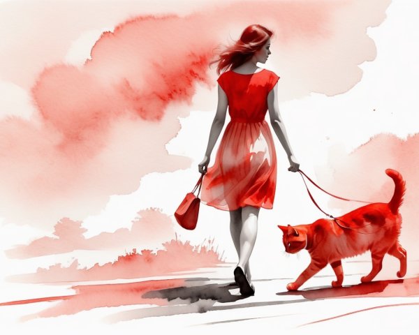 Woman in Red Dress Walking Ginger Cat on Leash