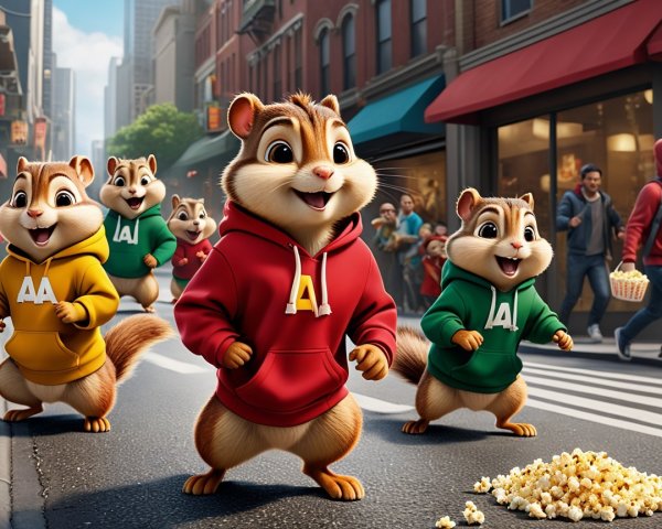 Animated squirrels in hoodies on a busy city street