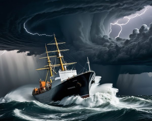 Ship Navigating Stormy Seas with Towering Waves