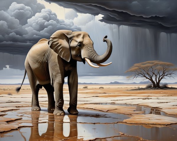 Elephant in Dramatic Landscape with Rain and Clouds