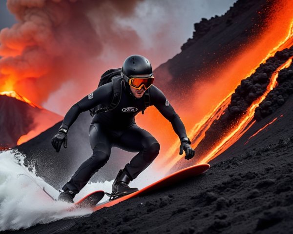 Surfer Navigating Volcanic Slope with Flowing Lava
