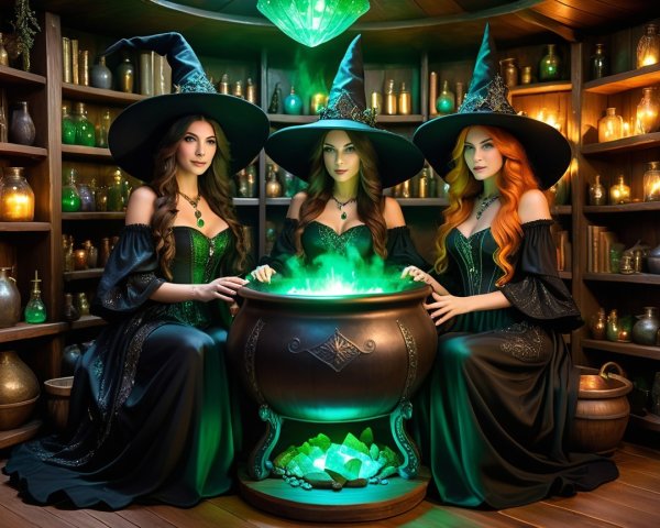 Witches in a Dim Room with a Glowing Cauldron